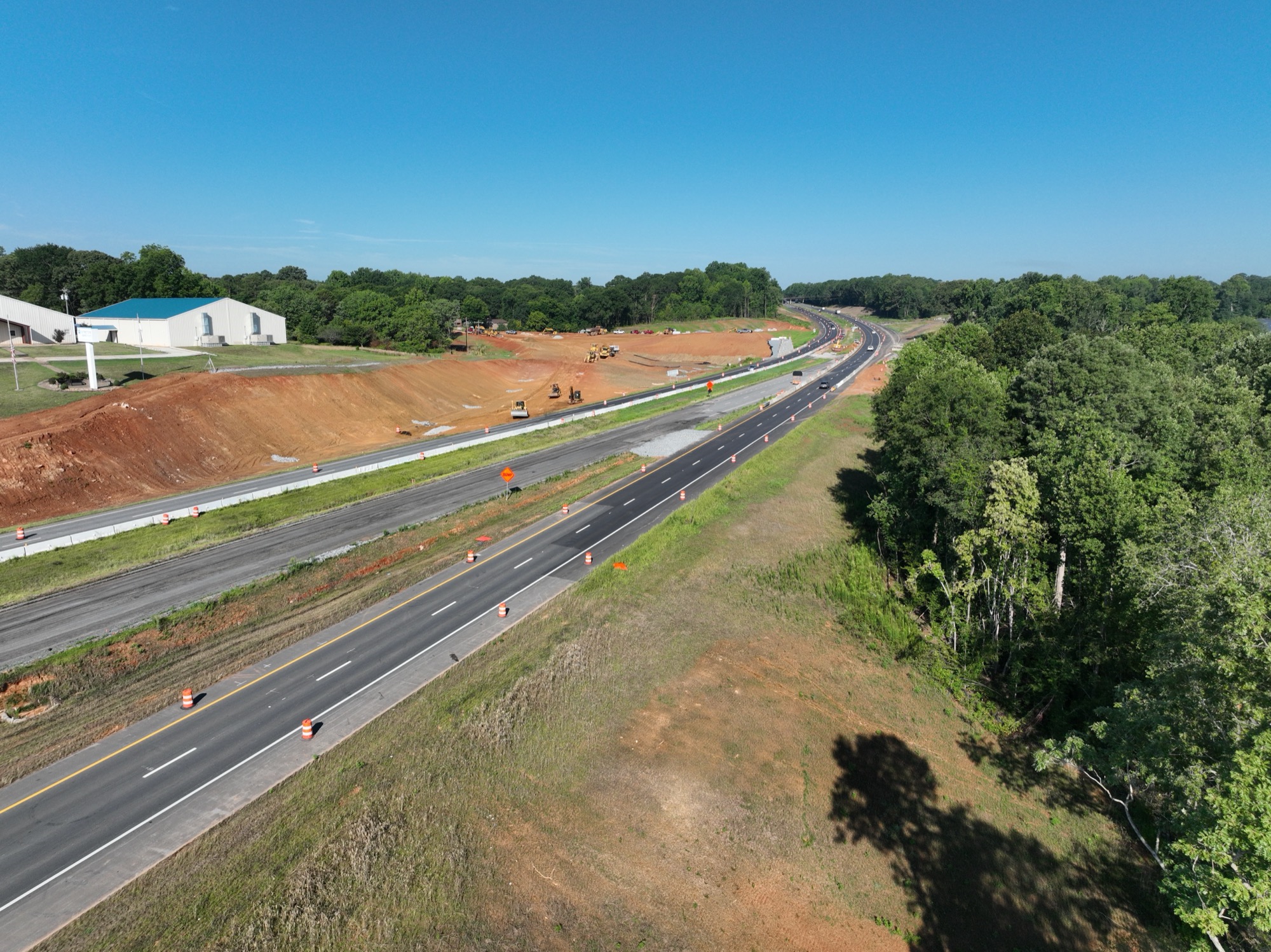 Aerial view of the US 74 design-build interchange construction in Cleveland County, North Carolina.
